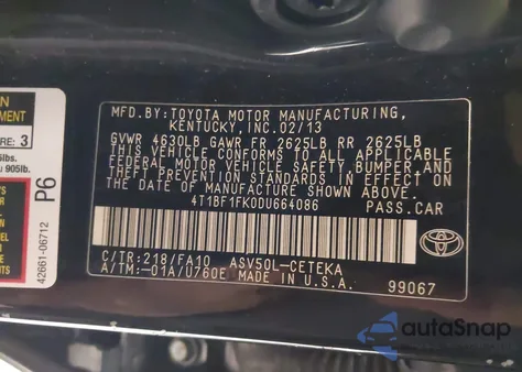 2013 Toyota Camry L z USA, uszkodzony, nr VIN 4T1BF1FK0DU664086